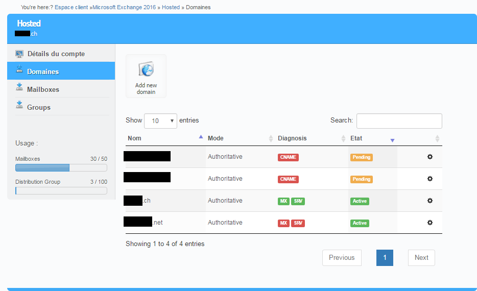 Interface Boxis du service Microsoft Exchange 2016 - Domaine