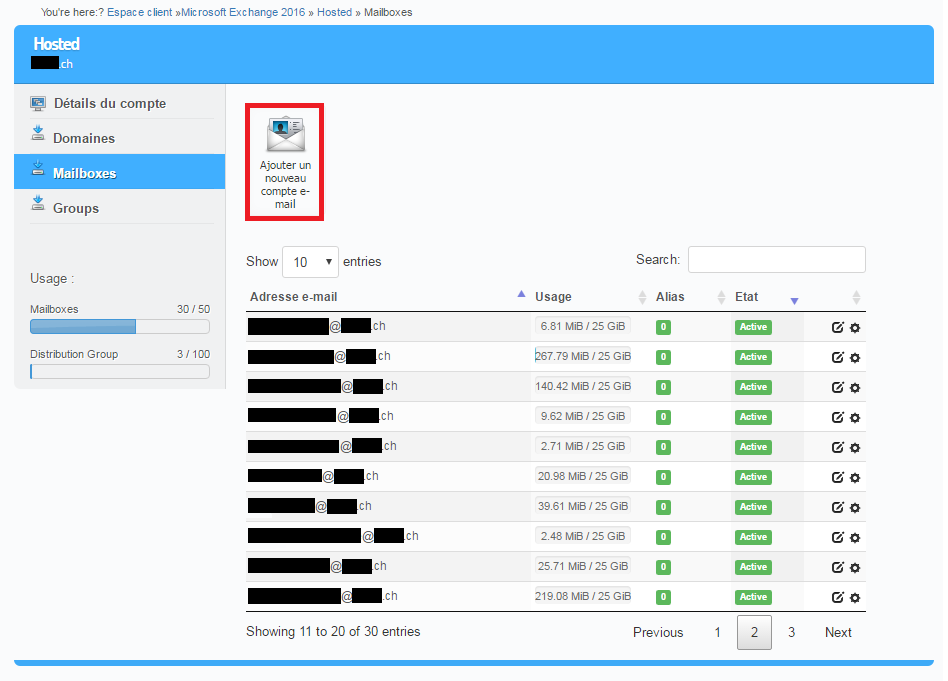Interface Boxis du service Microsoft Exchange 2016 - Mailboxes